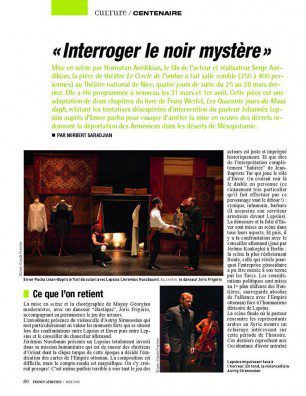 Critique de la pièce de théatre "Le Cercle de l'Ombre" mis en scène par Hovnatan Avedikian au Théâtre National de Nice dans le journal France-Armenie
