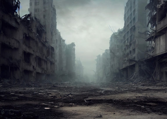Une rue de ville désertes, tous les immeubles sont détruits, fumée et nuages se mélangent pour former une masse grise